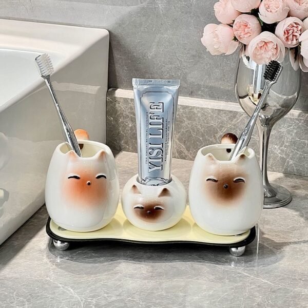 Siamese Cat Rinse Cup Set with Tray (3-Piece)